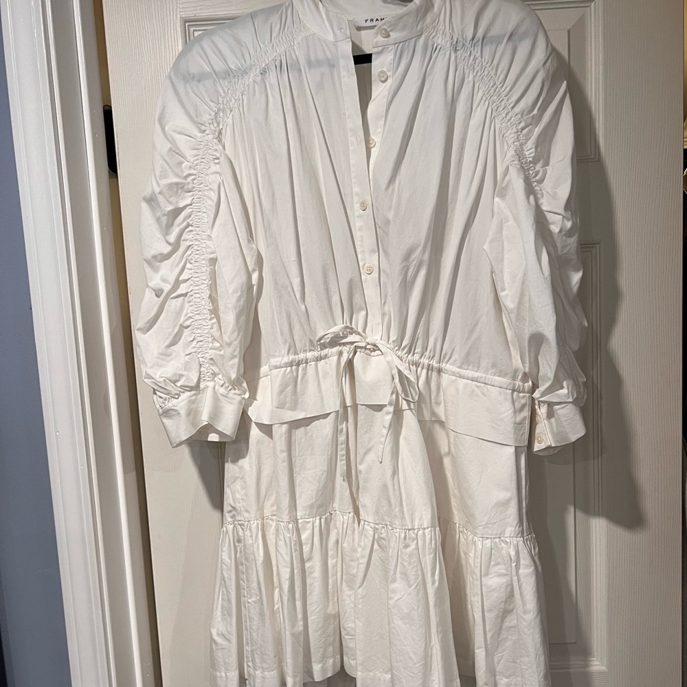 Amazing FRAME white shirt dress with detailed sleeve and skirt. Size medium.